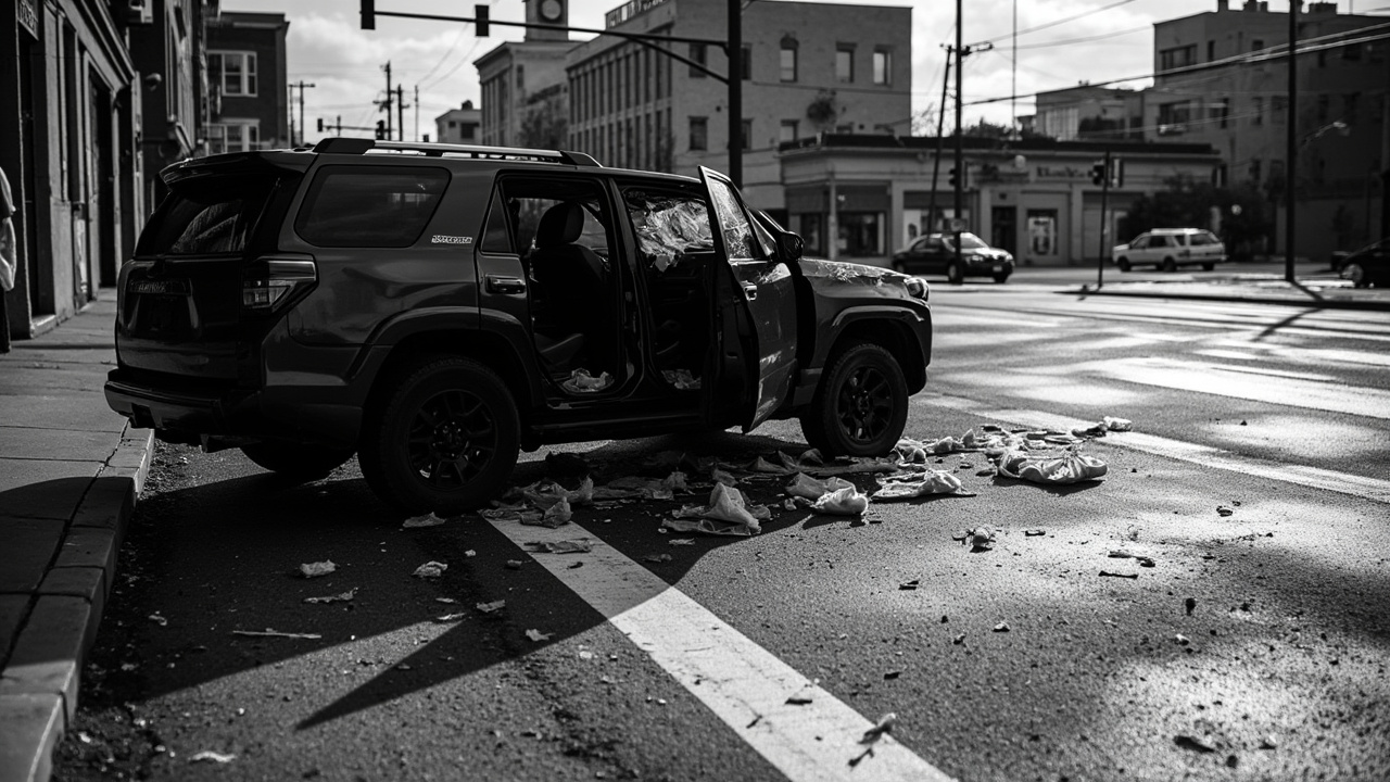 Empty SUV with shattered driver window and open door on urban street with scattered glass on pavement