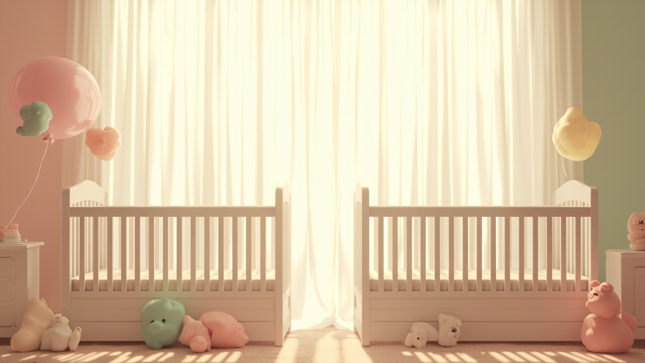 Two white wooden cribs stand side by side in a peaceful nursery with soft natural light and gentle pastel tones