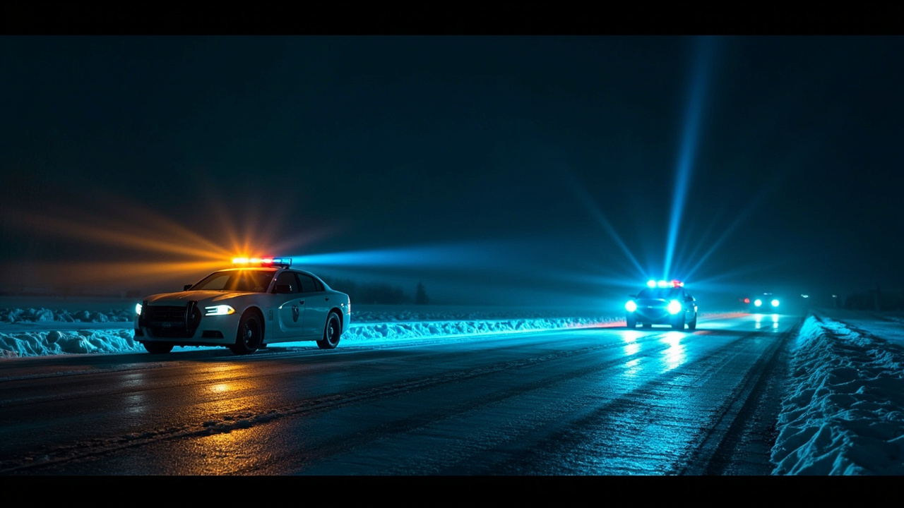 Police cruiser with emergency lights active parked on ice-covered highway shoulder at night