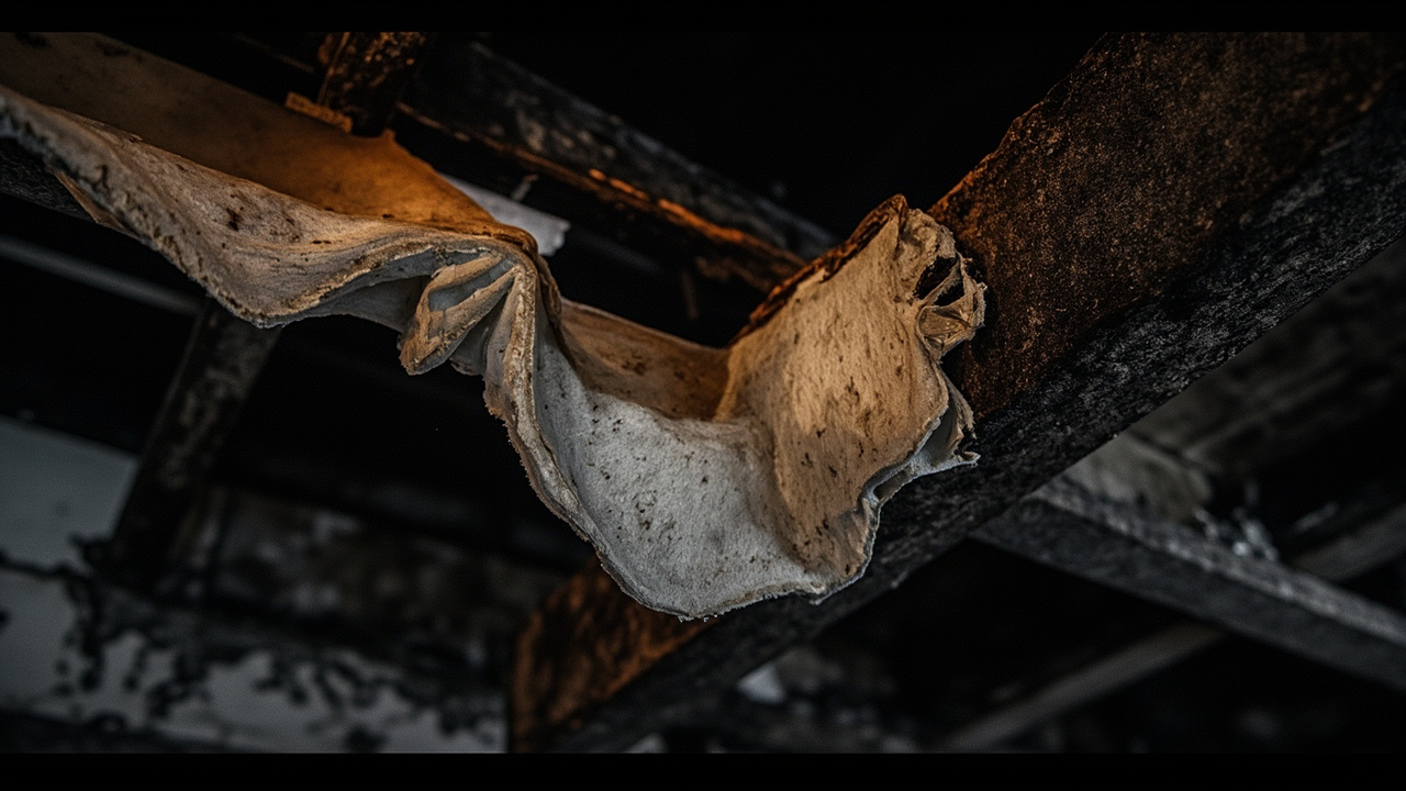 Charred acoustic foam panels and burnt ceiling structure in dark basement space showing fire damage