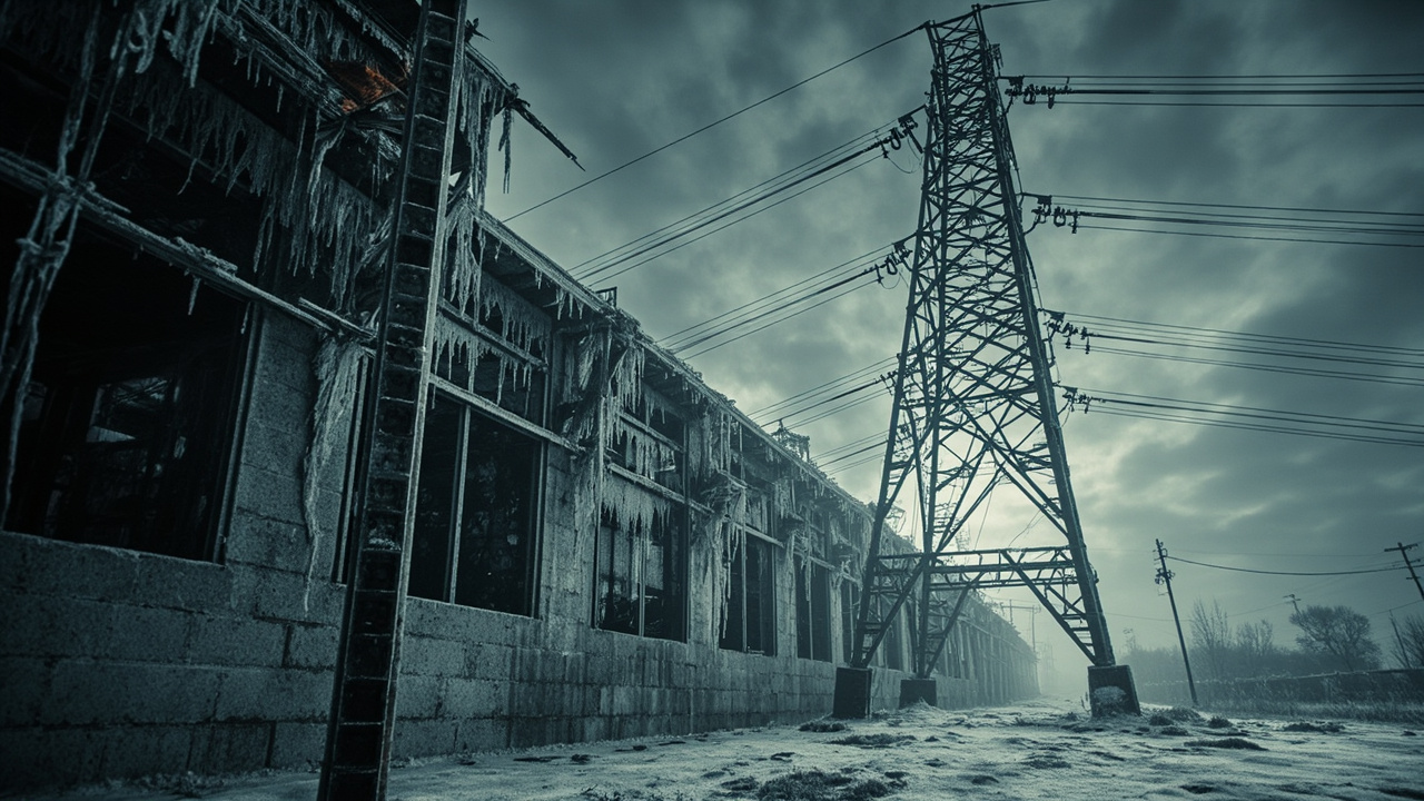 Frozen electrical transmission tower with icicles and damaged power lines against overcast winter sky