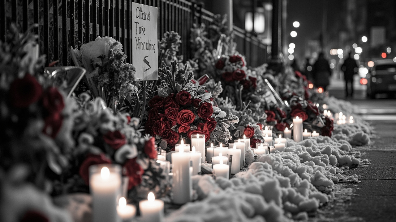 Memorial with candles, roses, and signs on snowy urban street intersection where vigil was held