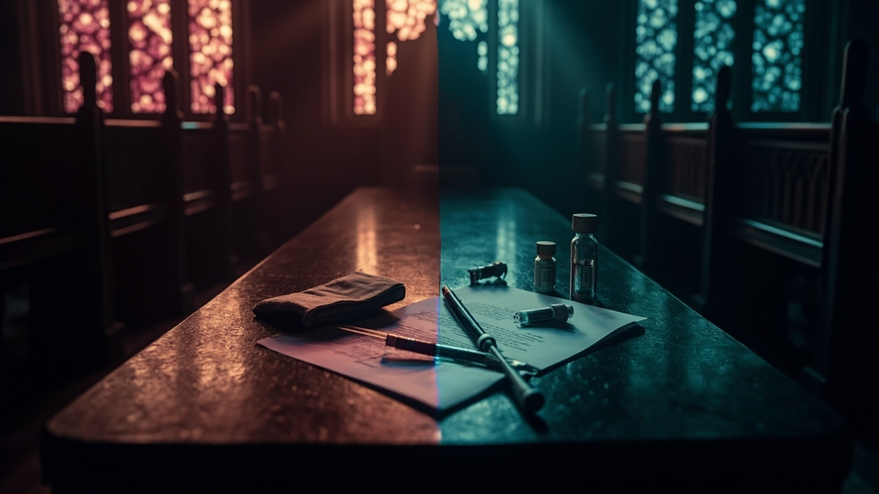 Medical syringe and vaccine vials rest on official documents beside empty wooden church pew in dim light