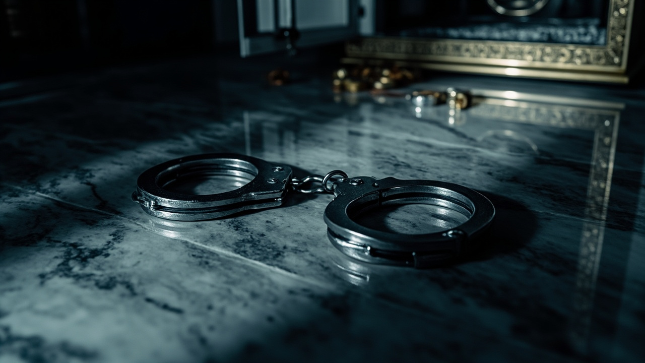 Steel handcuffs on marble floor beside open safe in luxury villa interior