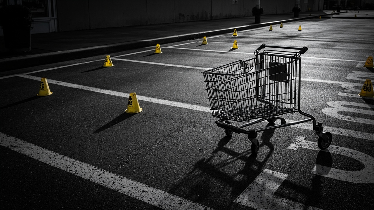 Abandoned shopping cart lying on wet supermarket parking lot asphalt with yellow evidence markers nearby