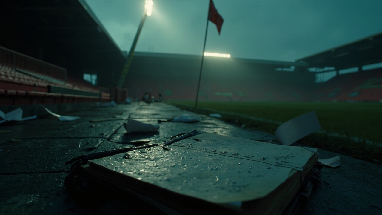 Open tactical notebook on rain-soaked touchline beside empty dugout at dusk, corner flag in background