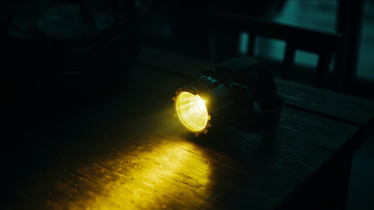 Mining headlamp on wooden table casting bright yellow beam through dark cold interior room