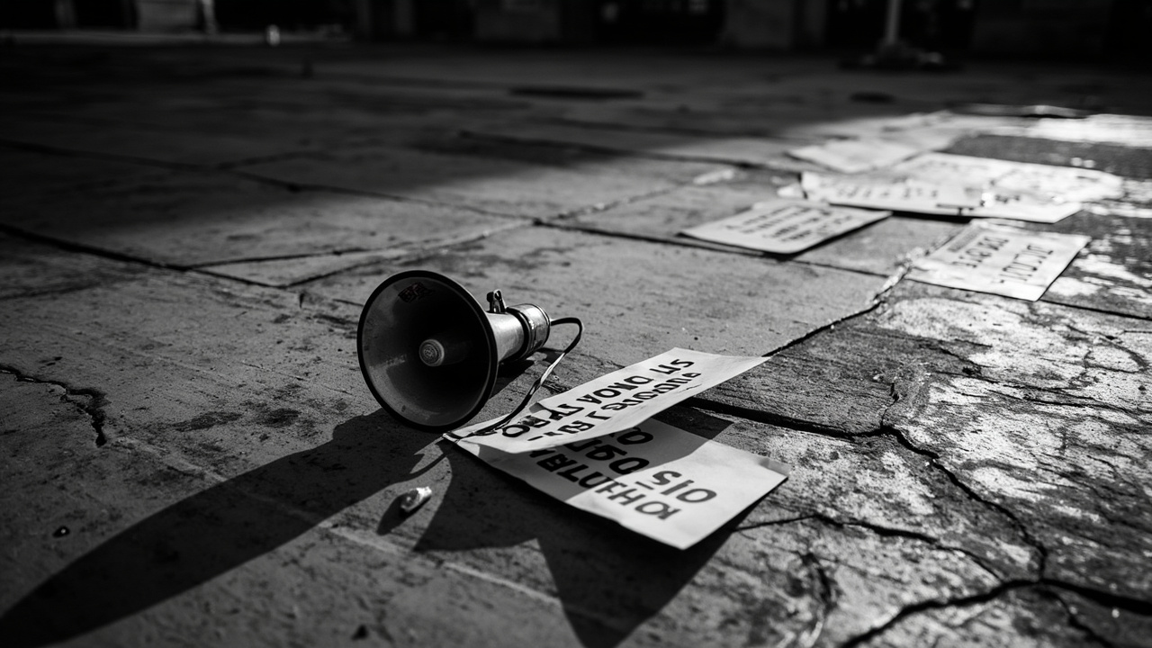 A lone megaphone rests on empty concrete plaza surrounded by shadows and scattered papers