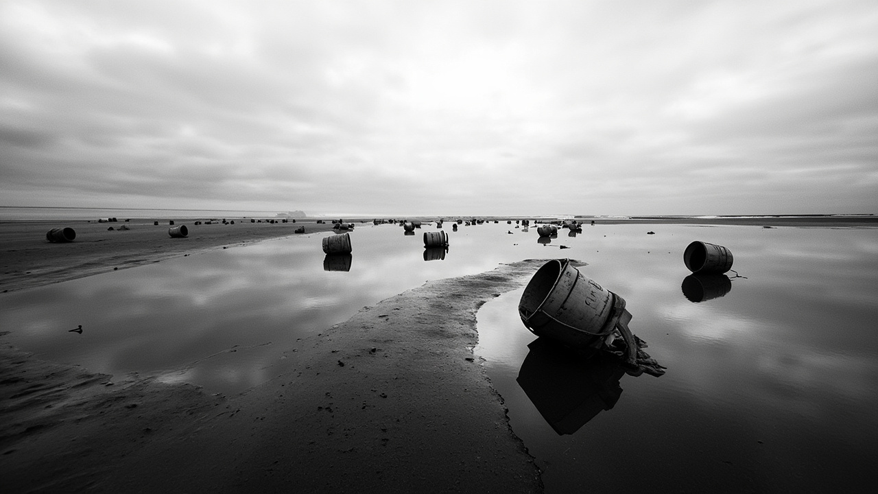 Metal bucket on wet sand with shallow water pools on remote tidal beach under gray sky