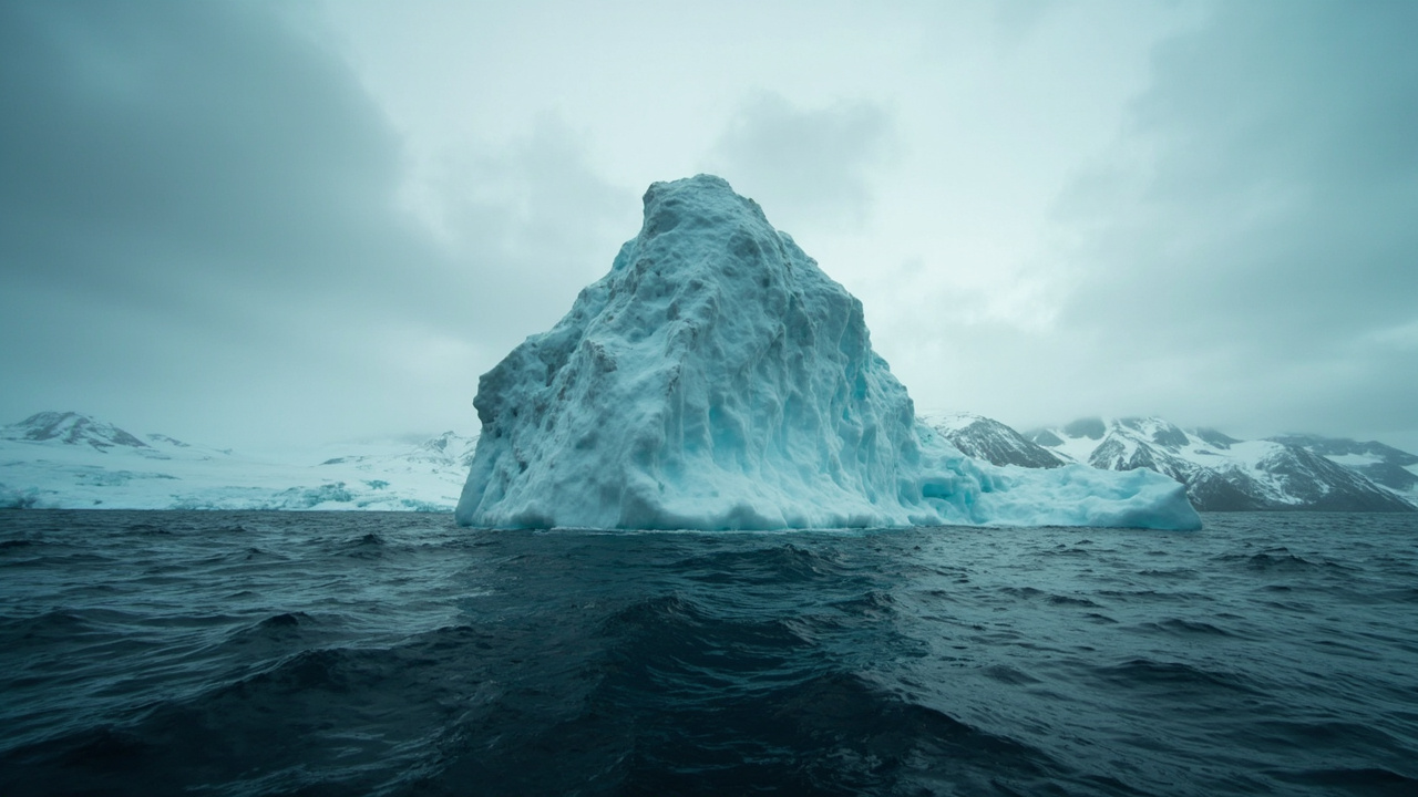 Large iceberg in Arctic waters with glacial landscape under overcast sky