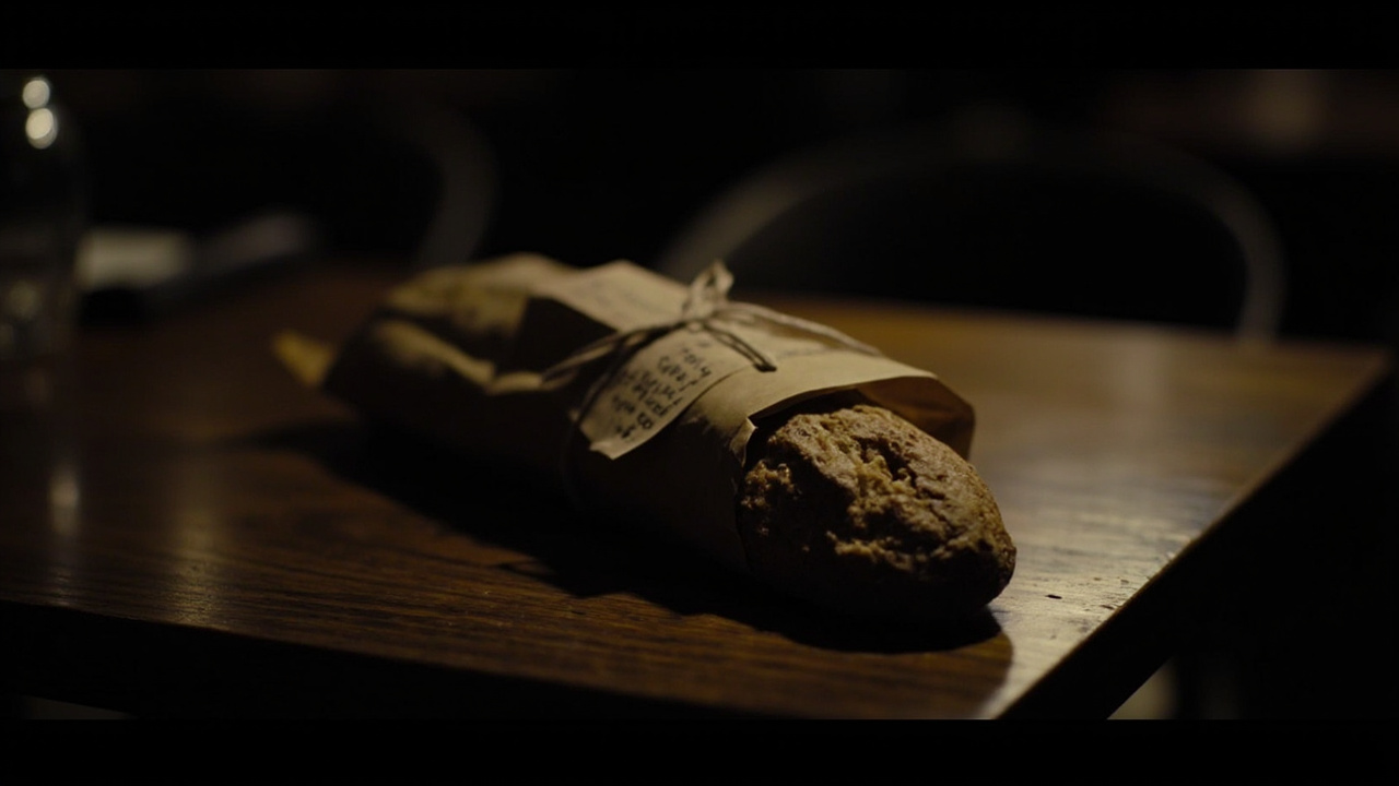 Golden sourdough loaf wrapped in kraft paper on wooden bakery counter surrounded by scattered flour