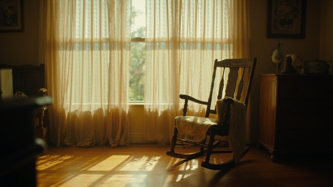 Empty wooden rocking chair with knitted blanket in sunlit room with lace curtains and vintage decor