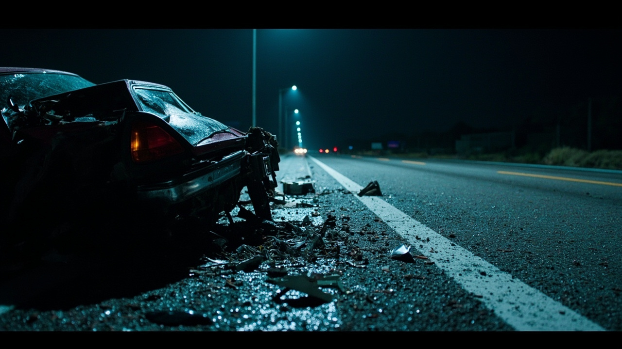 Damaged vehicle wreckage and scattered debris on dark highway surface under stark lighting