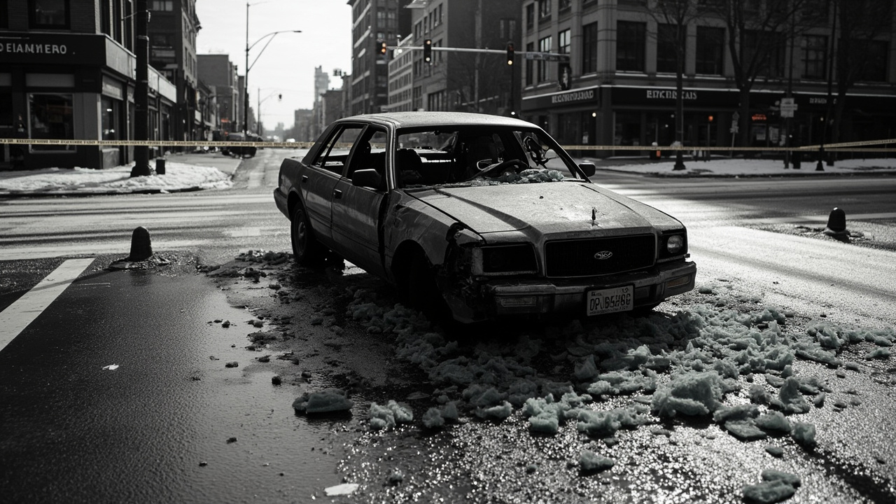 Damaged vehicle at Minneapolis intersection with shattered glass and emergency scene markers on winter pavement