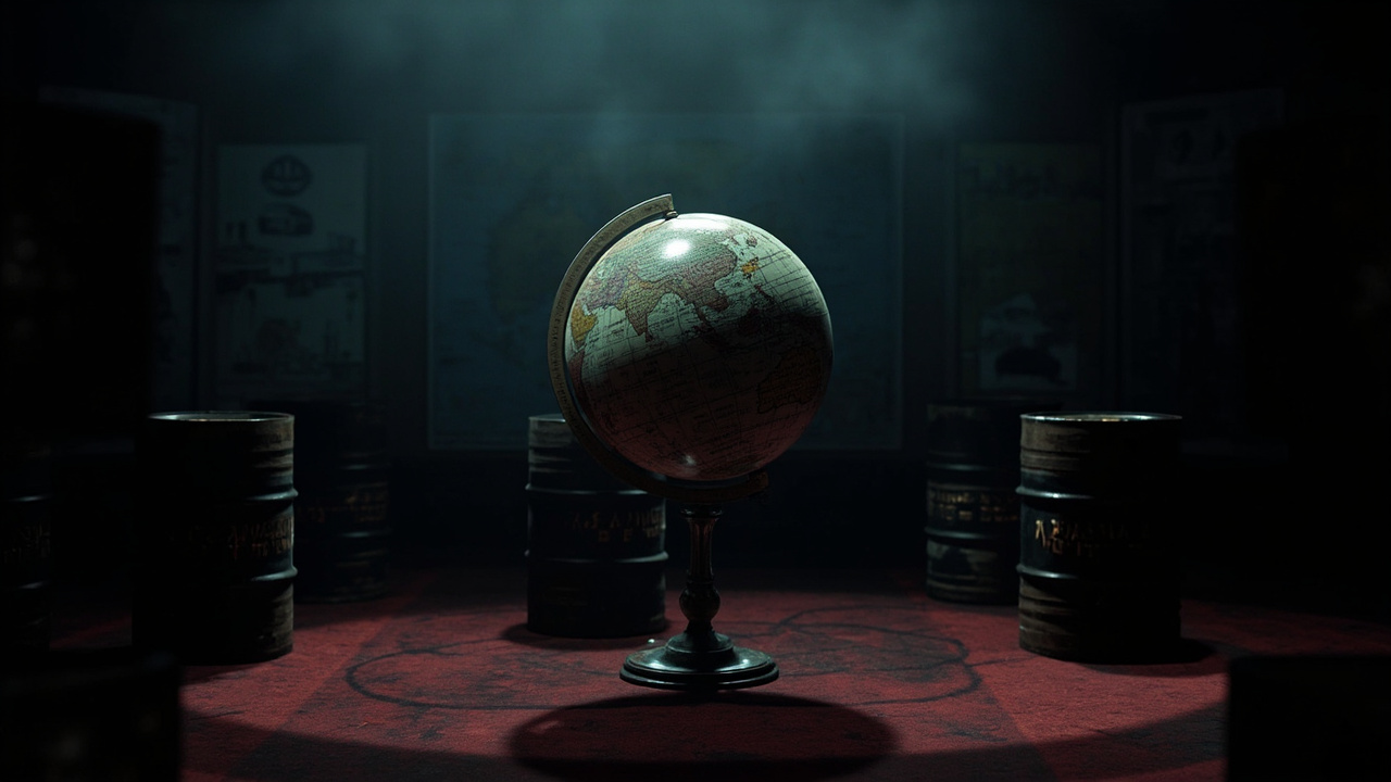 Antique globe with marked territories surrounded by military maps and oil barrels in dramatic lighting