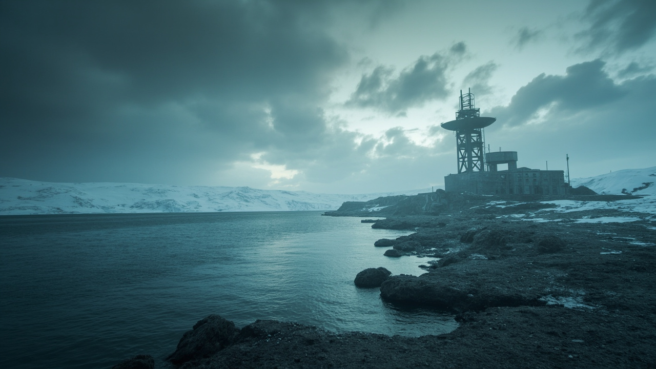Isolated radar tower on snowy Arctic terrain with ice-covered mountains in background and dark waters beyond