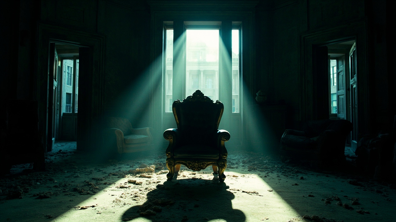 Empty ornate chair in shadowy government chamber with dramatic sidelight through tall windows