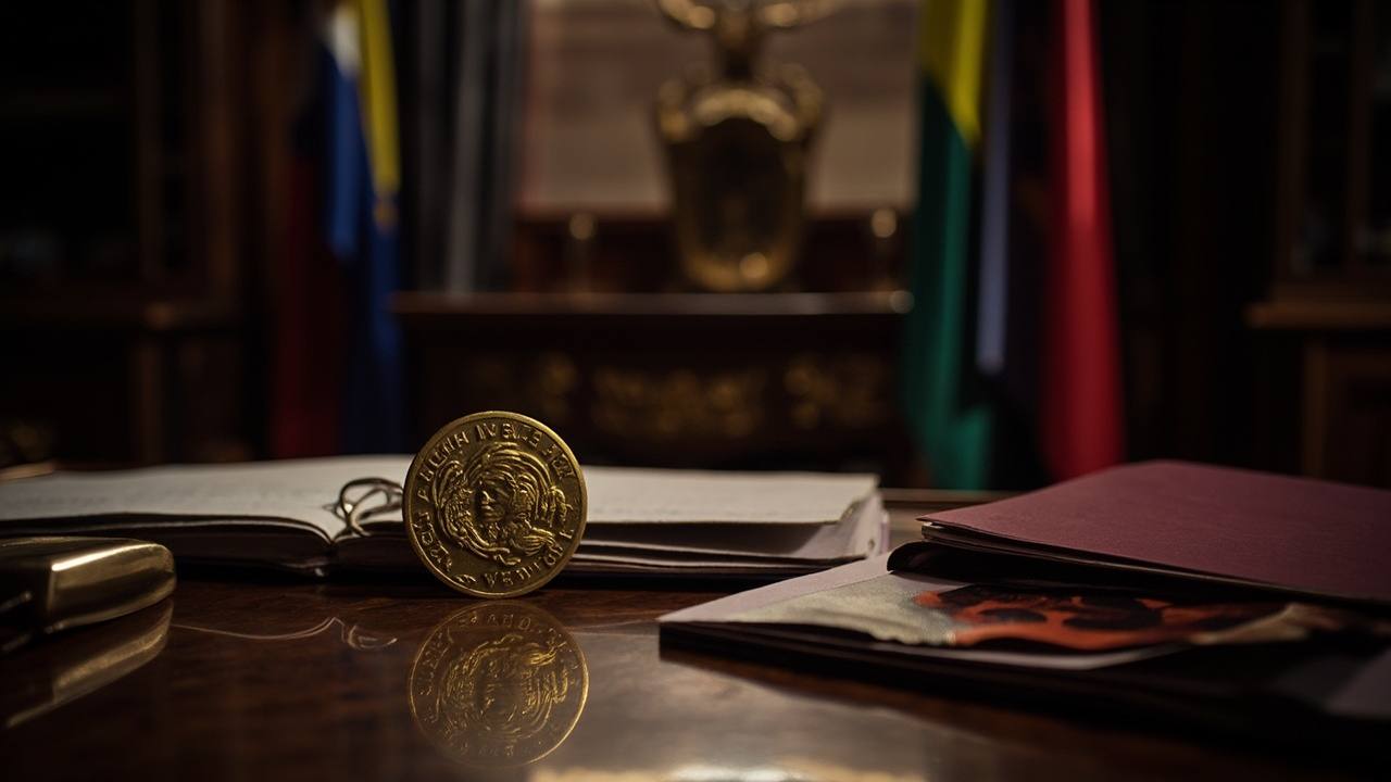 Golden Nobel Prize medal on polished wood desk with Venezuelan flag and official documents in diplomatic office setting