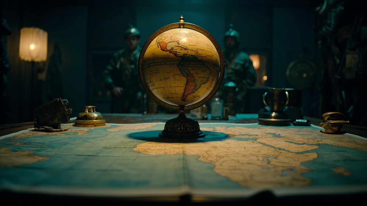 Brass globe with pins marking Arctic, Caribbean and South American regions, surrounded by military maps on dark wooden surface