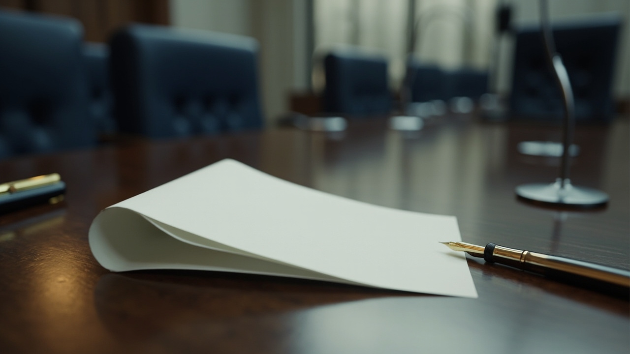 Folded handwritten note with fountain pen resting on polished wooden conference table surface