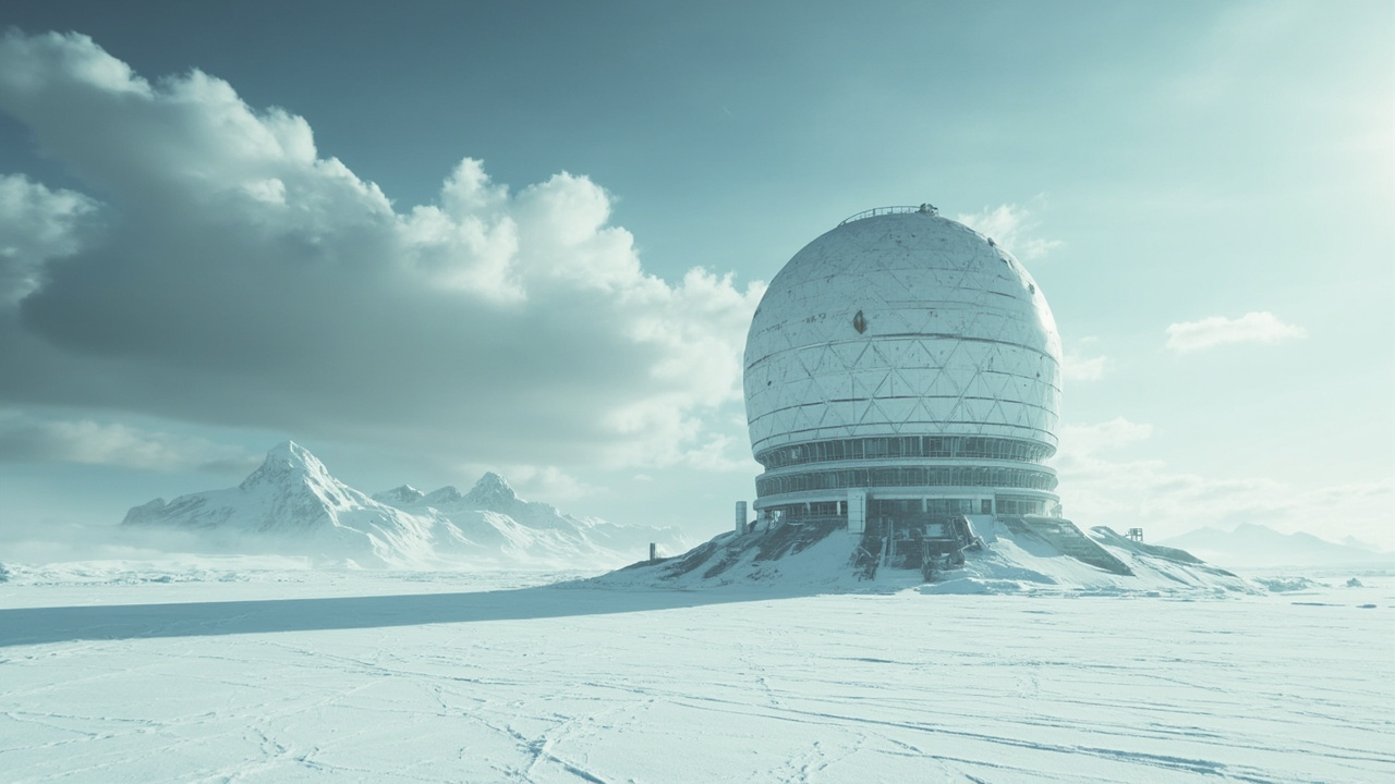 Large white radar dome on frozen Arctic landscape with mountains and dramatic overcast sky