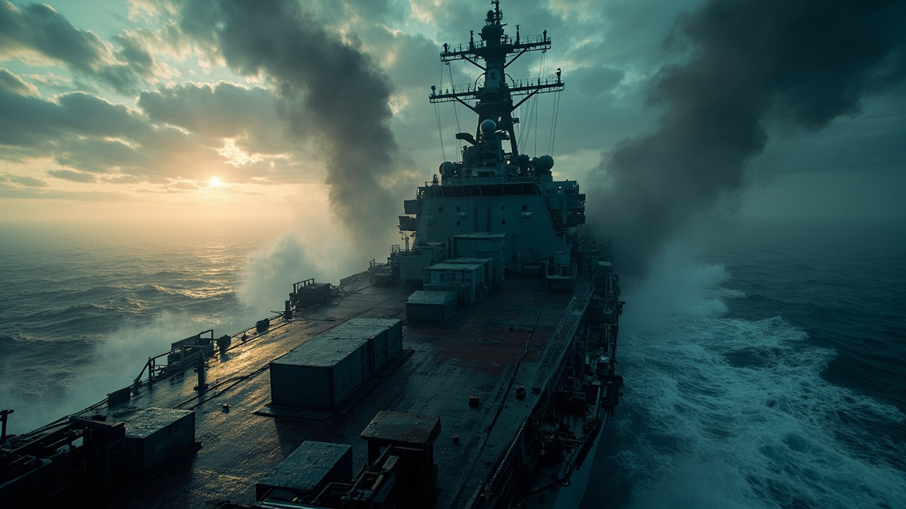 Military naval warship sailing through rough ocean waters with overcast skies and distant horizon