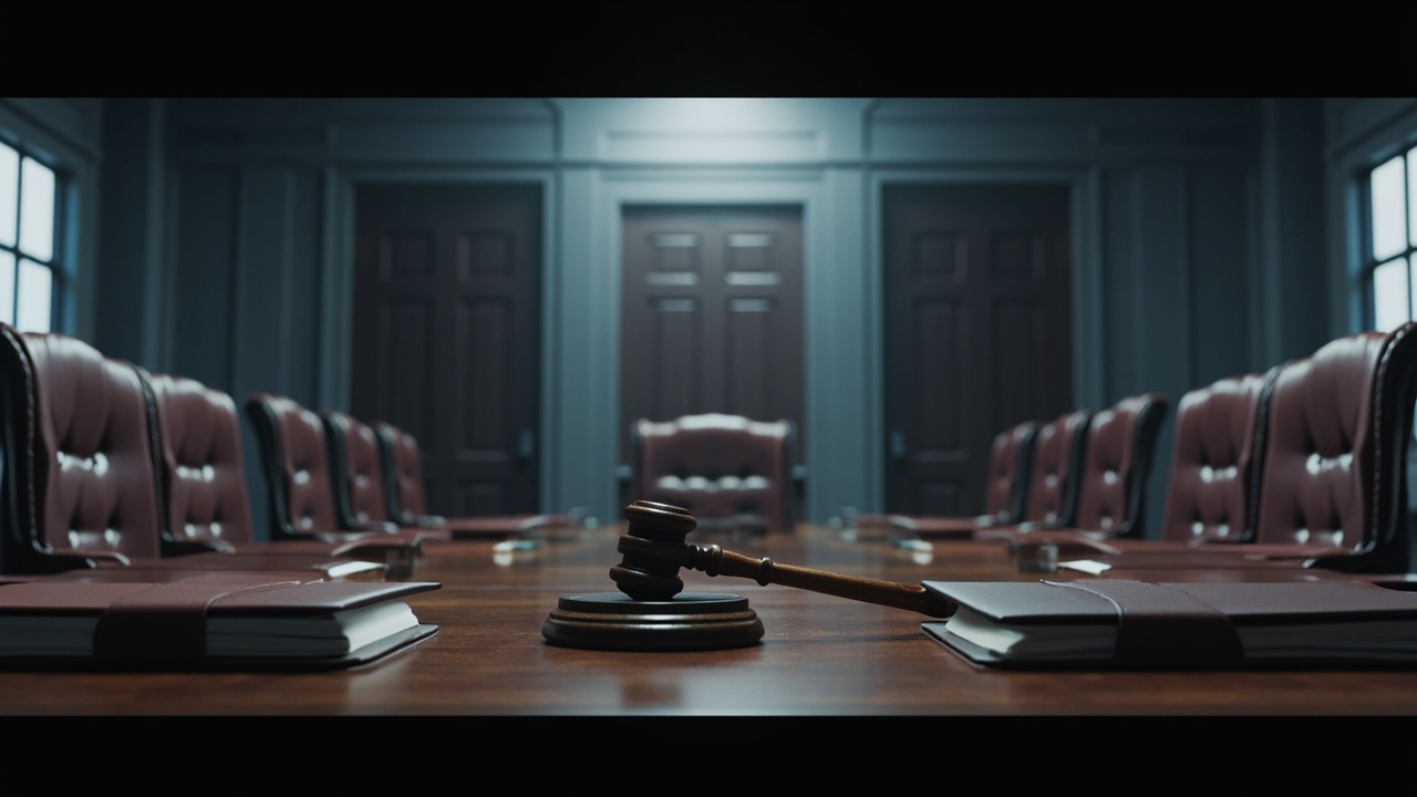 Empty conference table with gavel and closed document folders in dim institutional setting