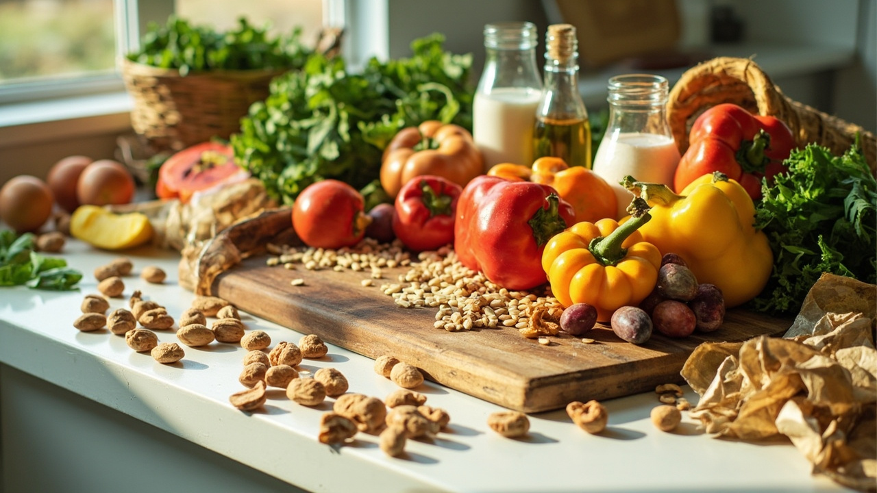Wooden cutting board with fresh whole foods including eggs, vegetables, dairy bottles, and olive oil on a clean kitchen counter