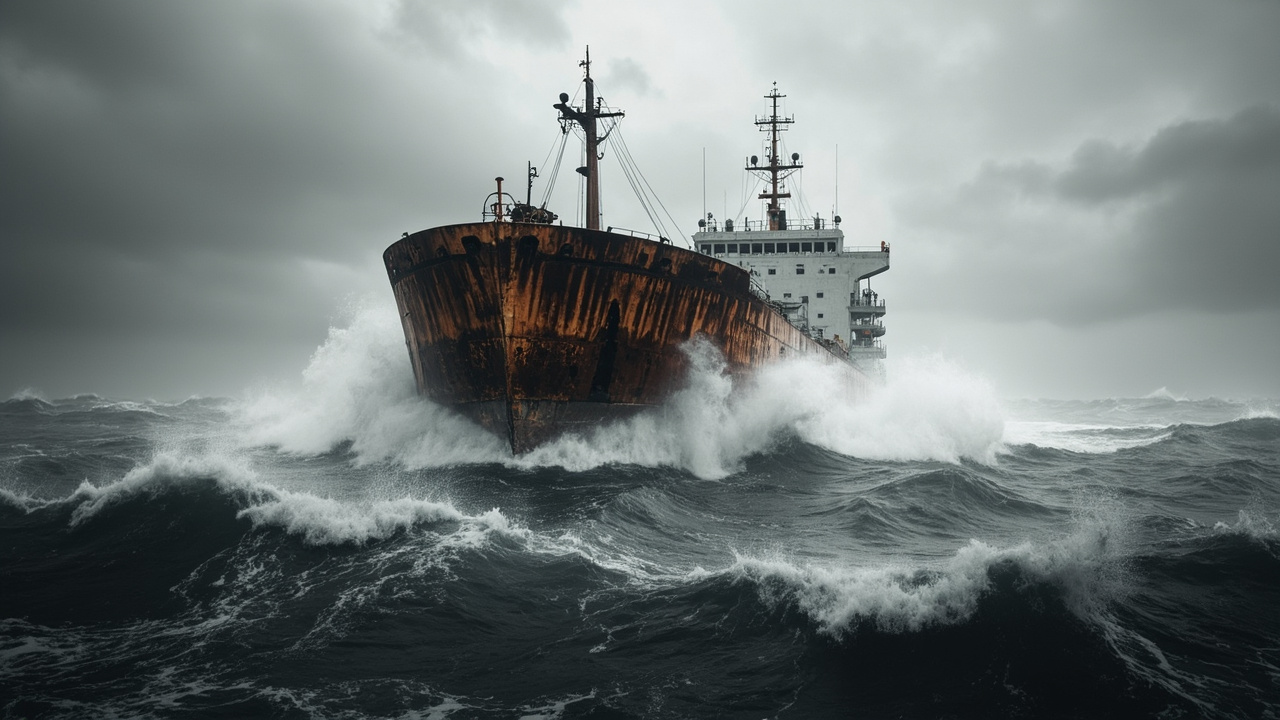 Dark oil tanker ship surrounded by rough grey ocean waves under stormy Atlantic sky