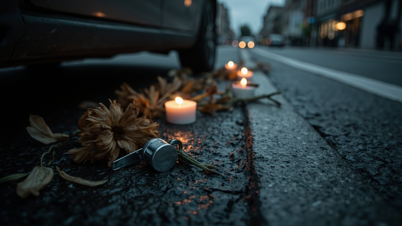 Silver whistle and wilted flowers on wet asphalt at urban intersection, memorial candles scattered on pavement at dusk