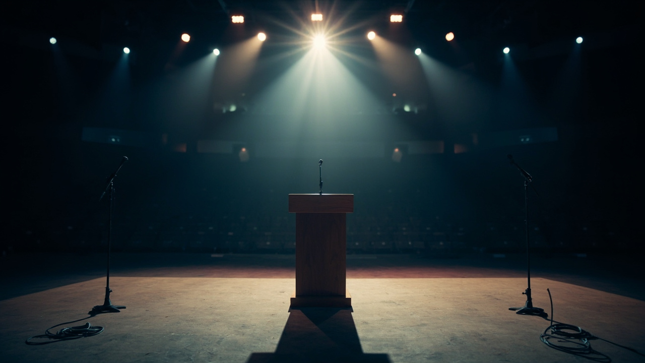 Empty wooden podium with microphones on dimly lit stage surrounded by vacant convention hall chairs