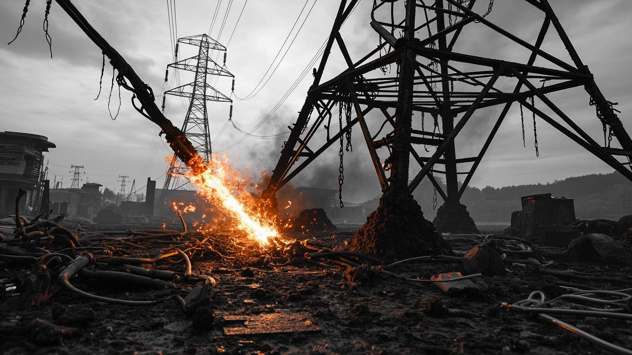 Burnt electrical cables hang from damaged power tower with scorch marks on metal framework against gray sky