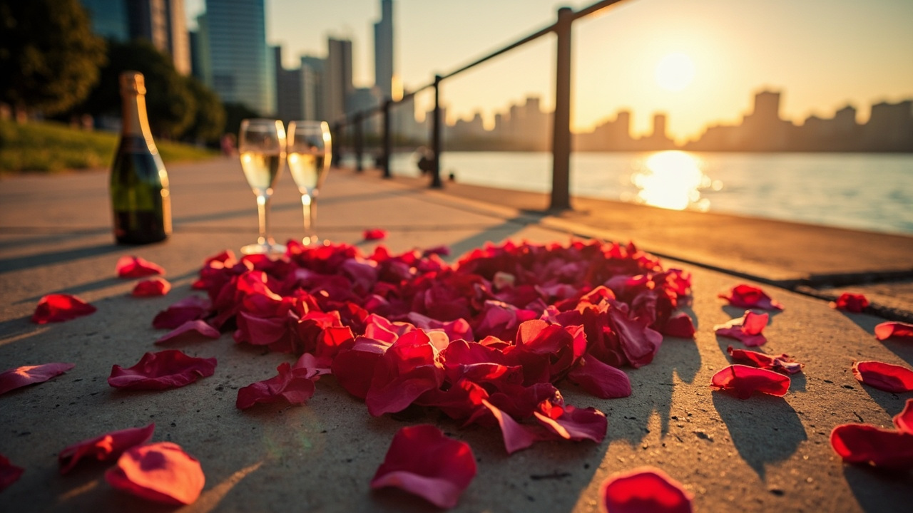 Heart made of red rose petals on urban pathway beside lake with champagne bottle and two glasses