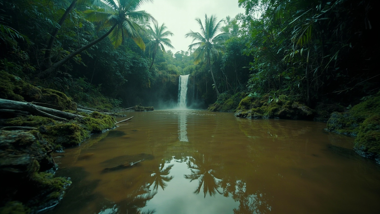 Murky brown waterfall pool surrounded by tropical vegetation and rocks under overcast sky