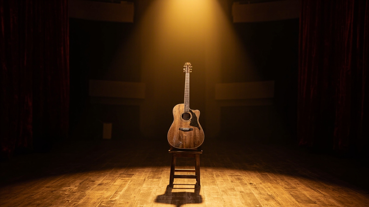 Weathered acoustic guitar rests on wooden stool under amber spotlight on empty stage with burgundy curtains