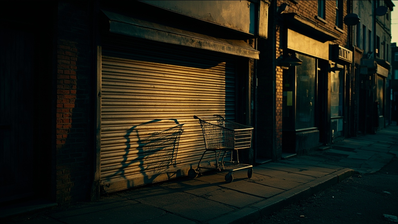 Metal shop roller shutter partially raised with fabric caught in mechanism and abandoned shopping trolley on Welsh street