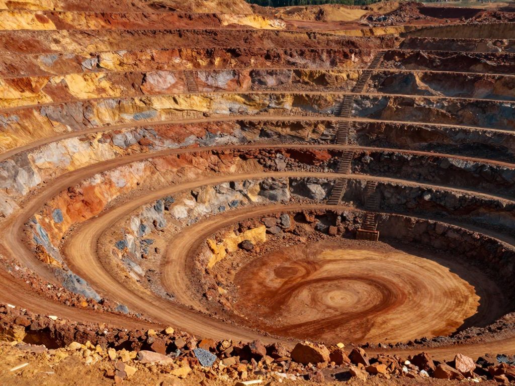 Aerial view of a vast open-pit mine with terraced rust-red and ochre earth walls spiraling into a deep excavation pit.