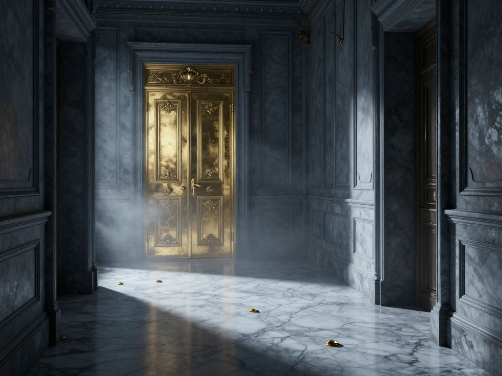 Locked ornate brass door at end of dark marble hallway, broken wax seals scattered across the cold floor
