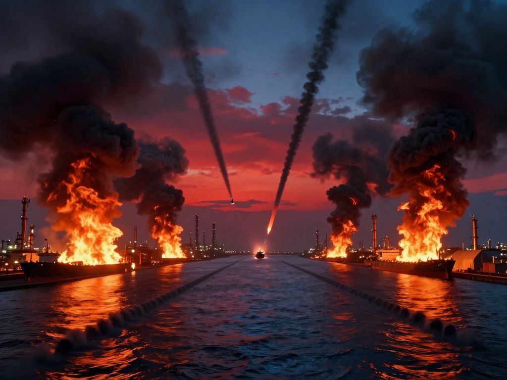 Burning oil refinery reflected in dark strait waters, missile contrails crossing blood-red twilight sky above motionless supertankers.
