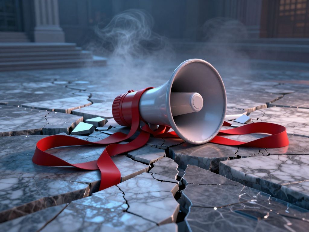 Broken megaphone wrapped in tangled red and blue ribbons on cracked marble tiles under smoky dusk light