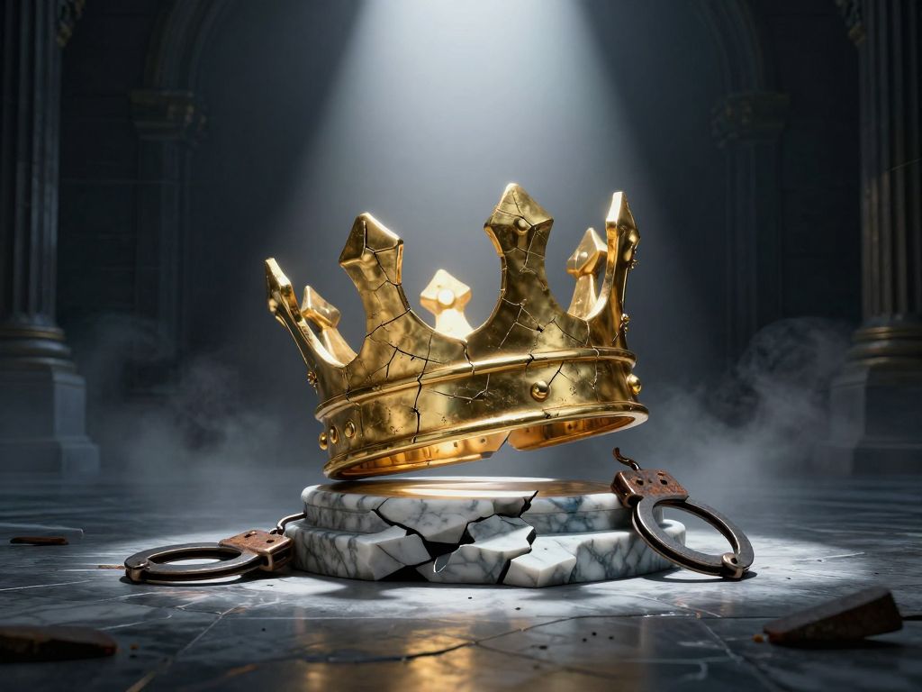 Cracked gilded crown tilting on shattered marble plinth, fragments on cold stone floor beside rusted handcuffs