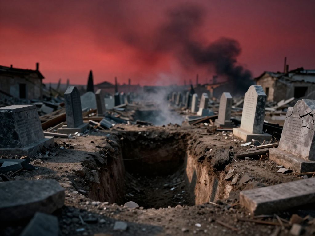 Empty excavated grave pit in ruined cemetery, cracked tombstones, bomb crater nearby, smoke rising, deep red sky overhead