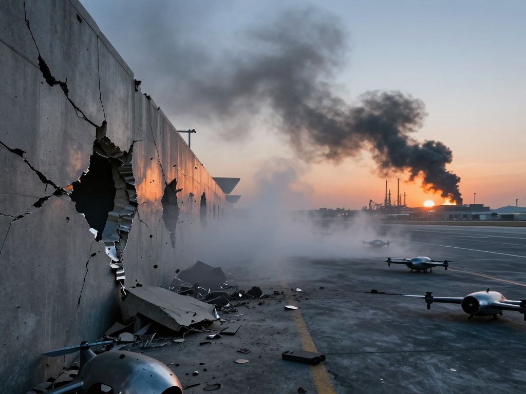 Blast-scarred concrete airport wall with shrapnel craters, metallic debris on empty tarmac, thick black smoke rising at dawn