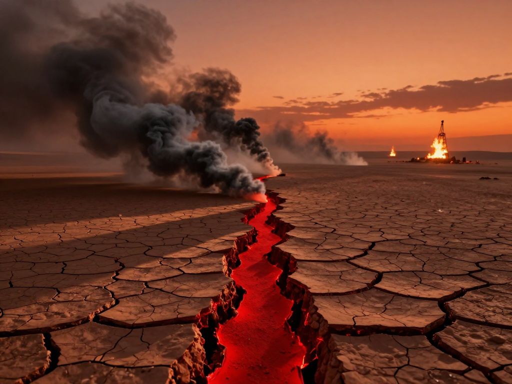 Crimson line etched into cracked desert earth ends at a deep fissure, missile smoke trails rise toward burning orange horizon
