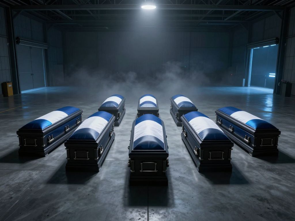 Six flag-draped coffins in precise formation on dark military hangar floor under cold floodlights