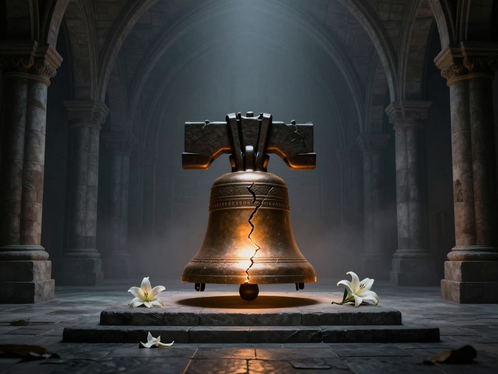 Cracked bronze bell on stone steps glowing amber from within, surrounded by wilting white lilies in a dark vaulted nave