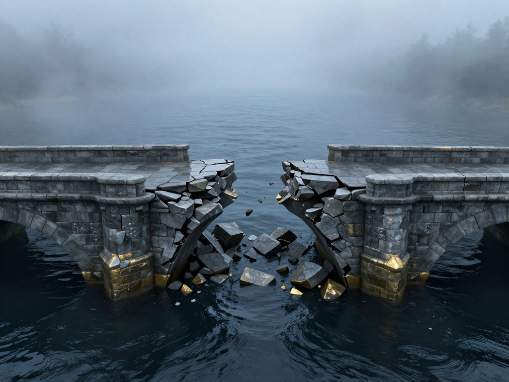Cracked stone bridge splitting apart over dark churning water, chunks of masonry falling into grey waves below.