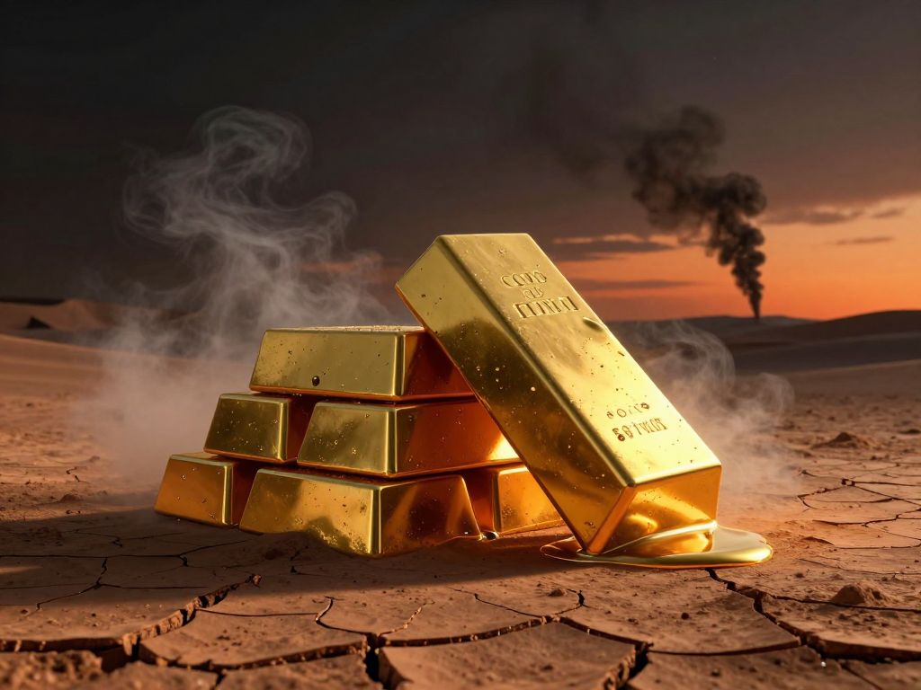 Melting gold bars collapsing on cracked desert ground with black smoke columns rising against a dark amber dusk sky.