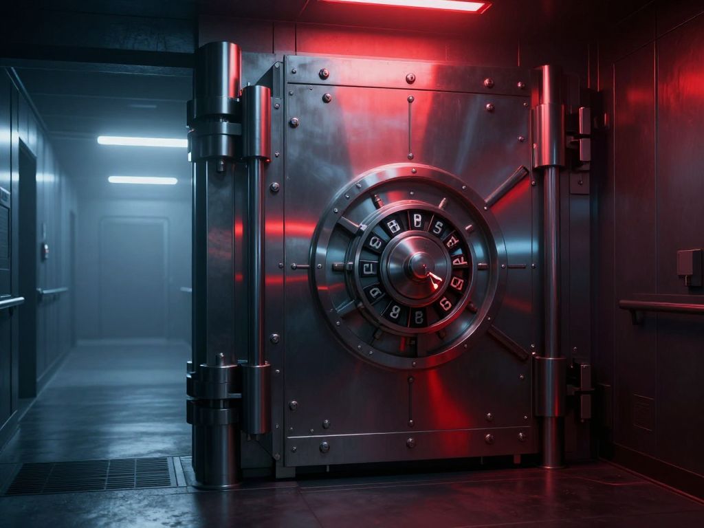 Sealed steel vault door with frozen combination dial bathed in red emergency light inside a dark concrete corridor.