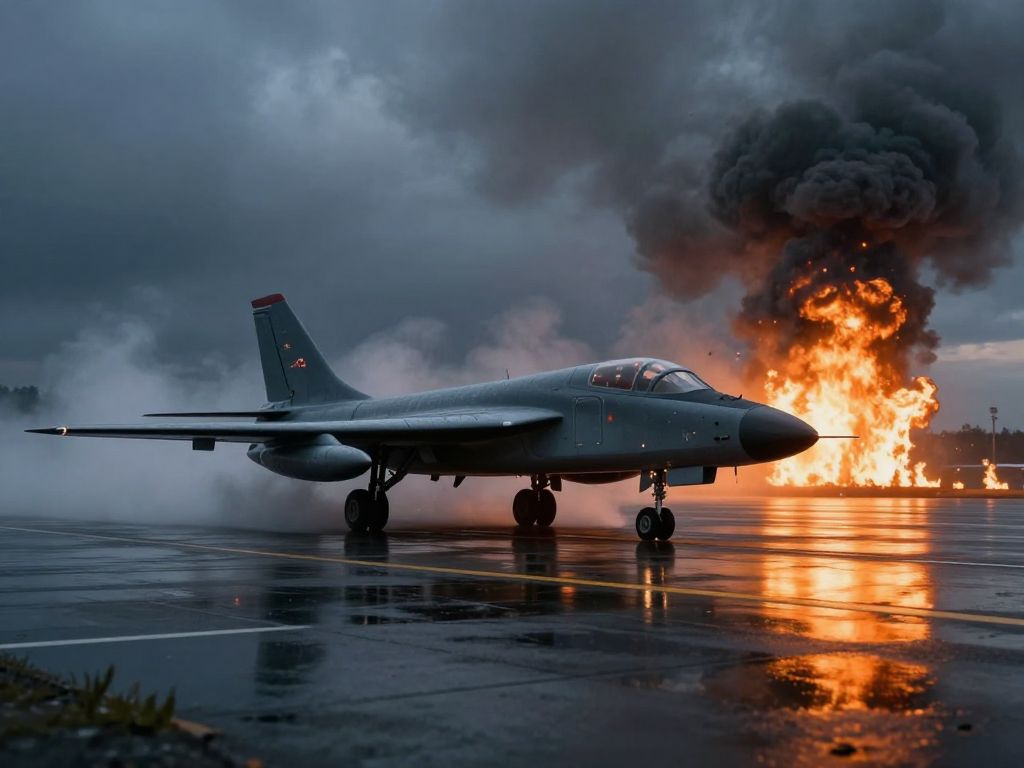 Swept-wing bomber on rain-slicked tarmac, massive orange fireball and black smoke columns rising on dark horizon